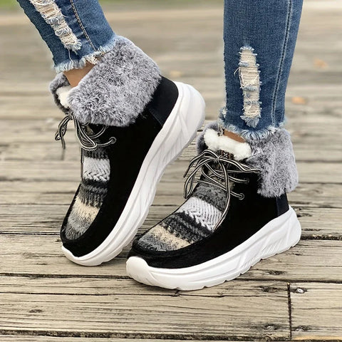 Norina kadın peluş detaylı yüksek sneaker, gri trim ve siyah-beyaz desenli