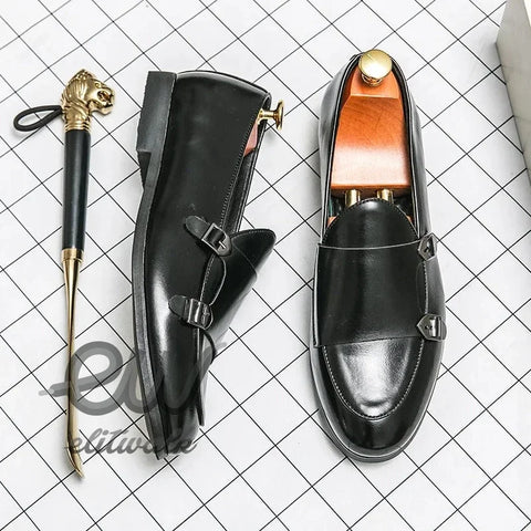 Norven Rugan siyah deri double monk strap erkek ayakkabı