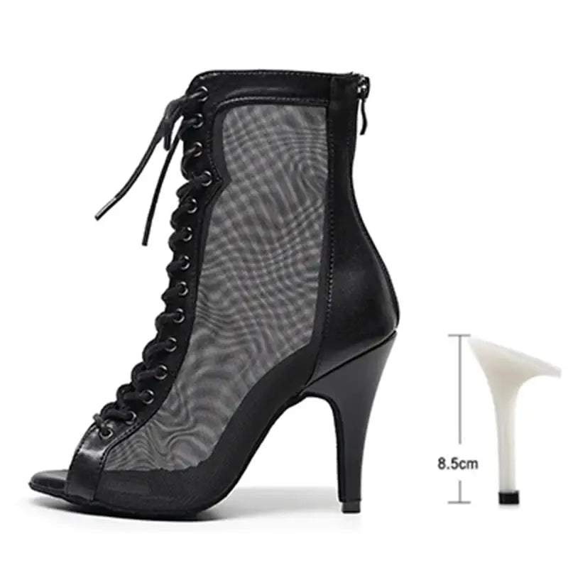 Penvero topuklu ayakkabı, siyah dantelli peep-toe, stiletto topuklu bot