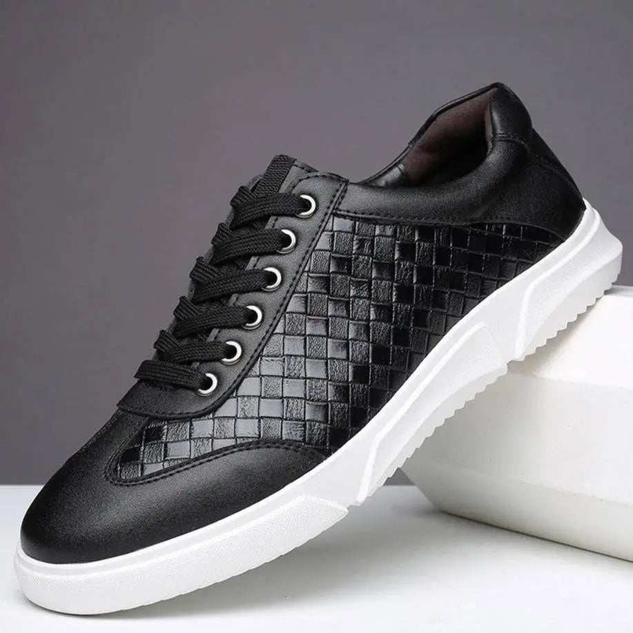 Ralora unisex sneakers featuring black leather with woven pattern and white sole