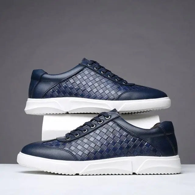Navy blue leather Ralora unisex sneakers with woven pattern and white soles