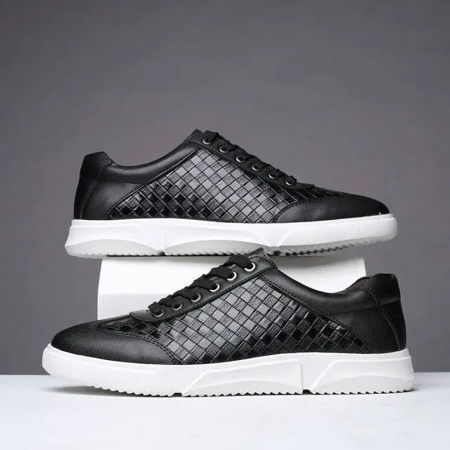 Ralora unisex sneakers with black leather, woven pattern, and white soles