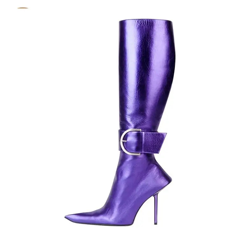 Relanto kadın diz boyu metalik mor deri bot, tokalı ve stiletto topuklu