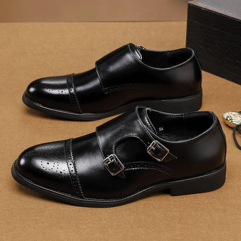 Siyah deri monk strap brogue detaylı Reldon Rugan erkek ayakkabı