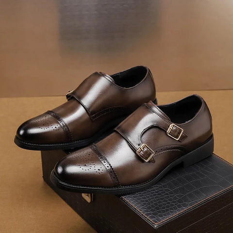 Kahverengi deriden yapılmış Brogue detaylı Reldon Monk strap tarzı ayakkabılar