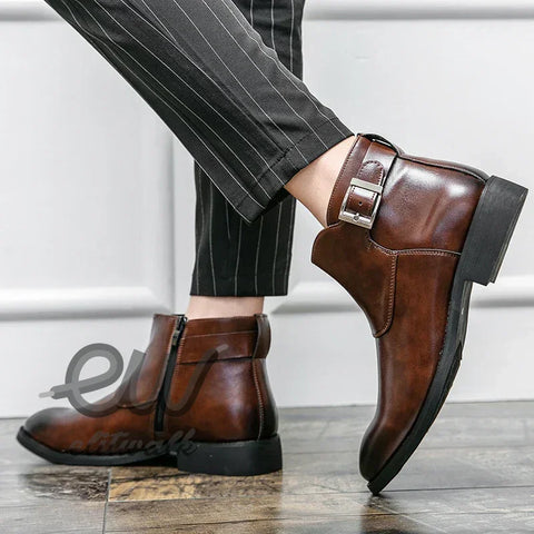 Polished brown Salto erkek bot with side zippers and buckle details