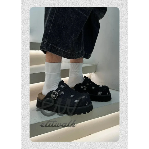 Kalın platform tabana sahip toka kayışlı siyah deri sandalet Sorven unisex sandalet