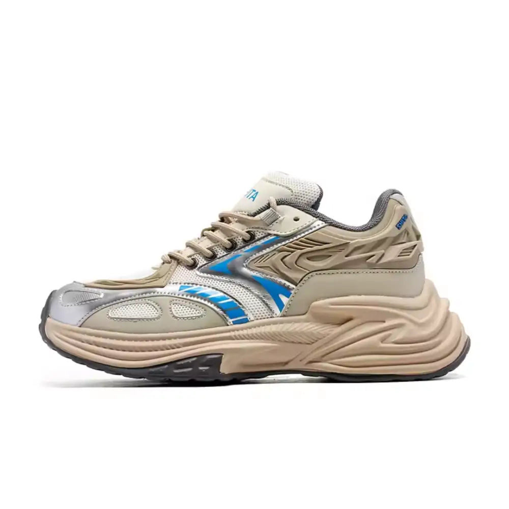 Tormin unisex sneakers, chunky beige and silver design with blue accents and wavy sole