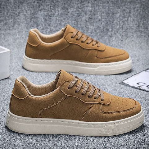 Tan suede Velrinor unisex sneakers with thick white soles for stylish comfort