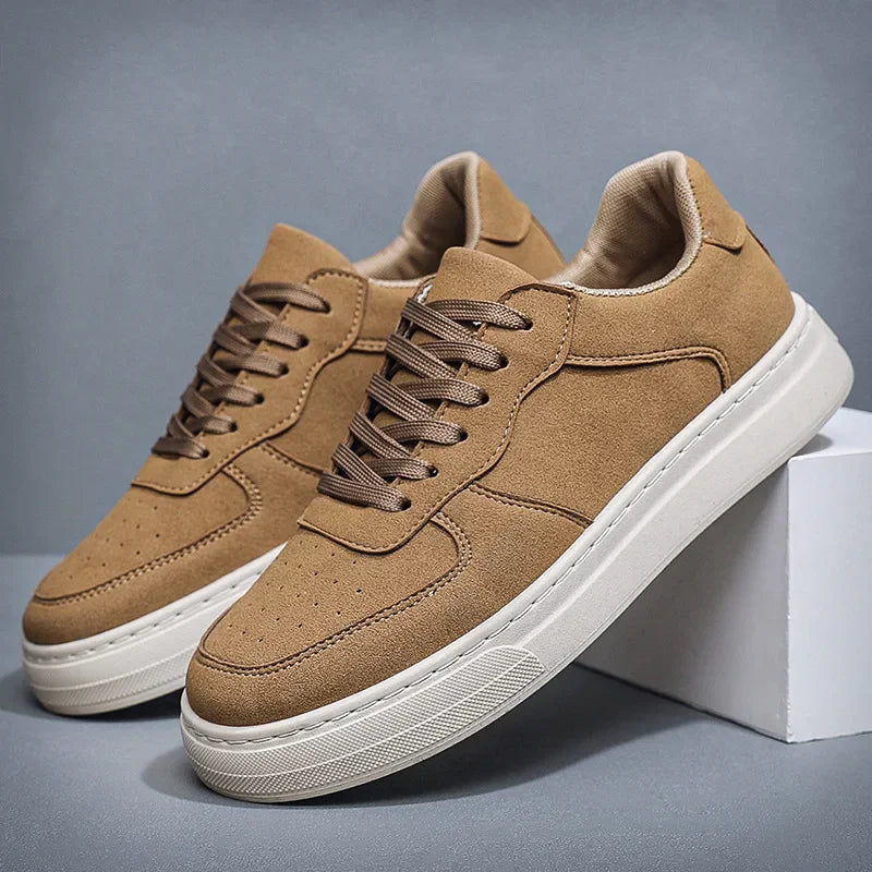 Velrinor unisex sneakers in tan suede with white soles and brown laces