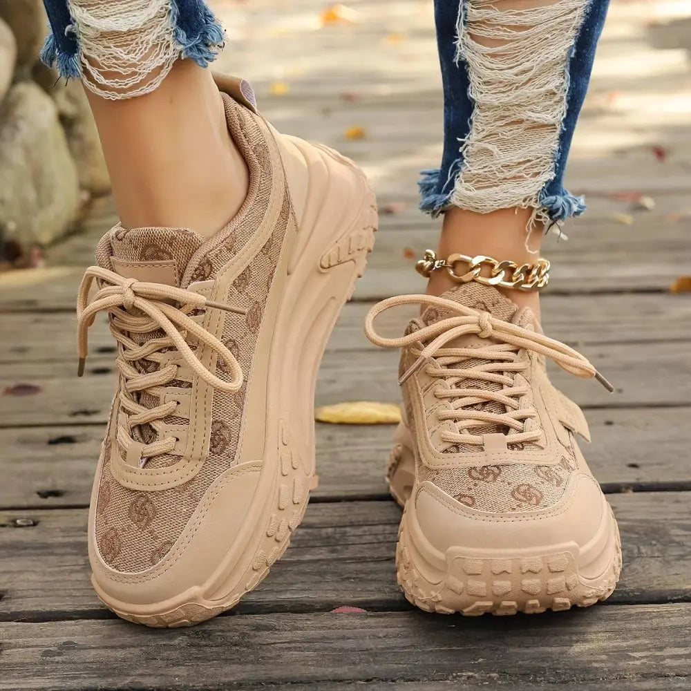 Elitwalk Venture kadın chunky sneakers, dantel detaylı ve kalın tabanlı bej renk