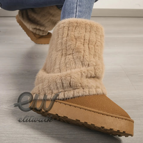 Fluffy tan Zalara kadın kürklü bot with furry upper and textured sole